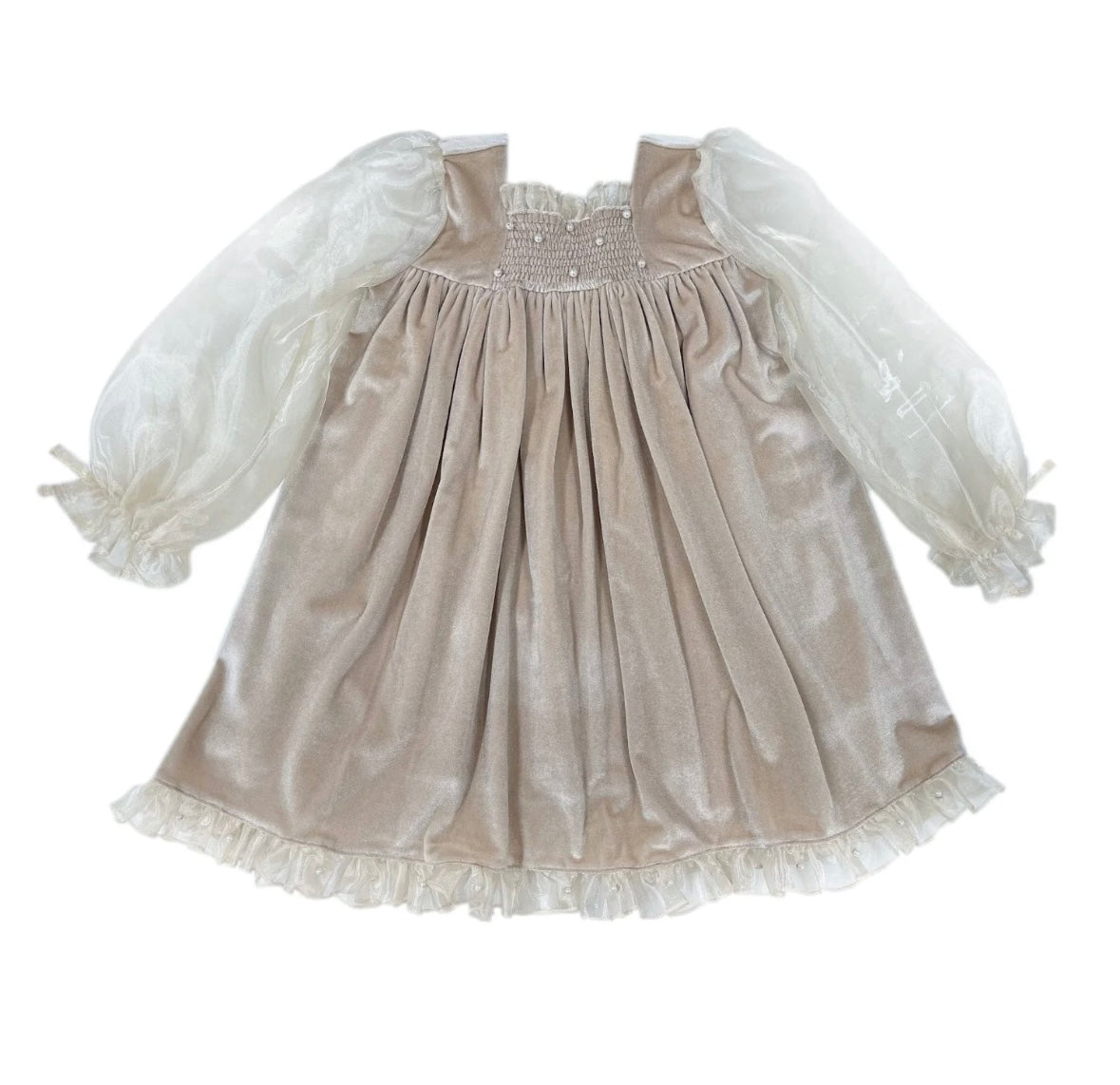 Helena Velour Beige Dress With Organza Sleeves